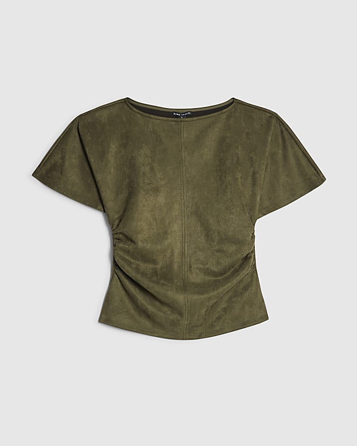 Khaki Faux Suede Short Sleeve Ruched Side Top