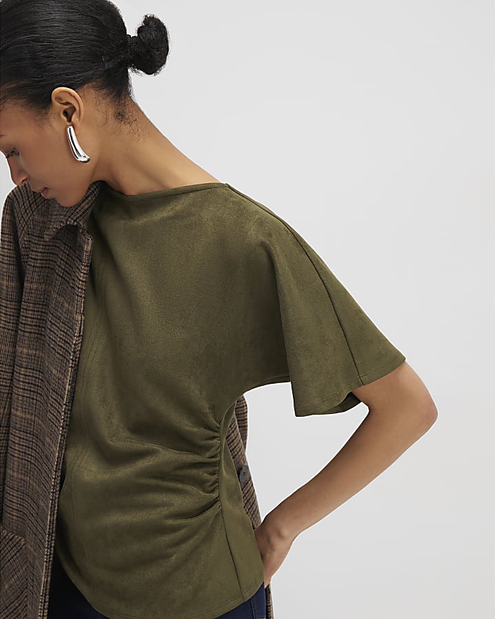 Khaki Faux Suede Short Sleeve Ruched Side Top
