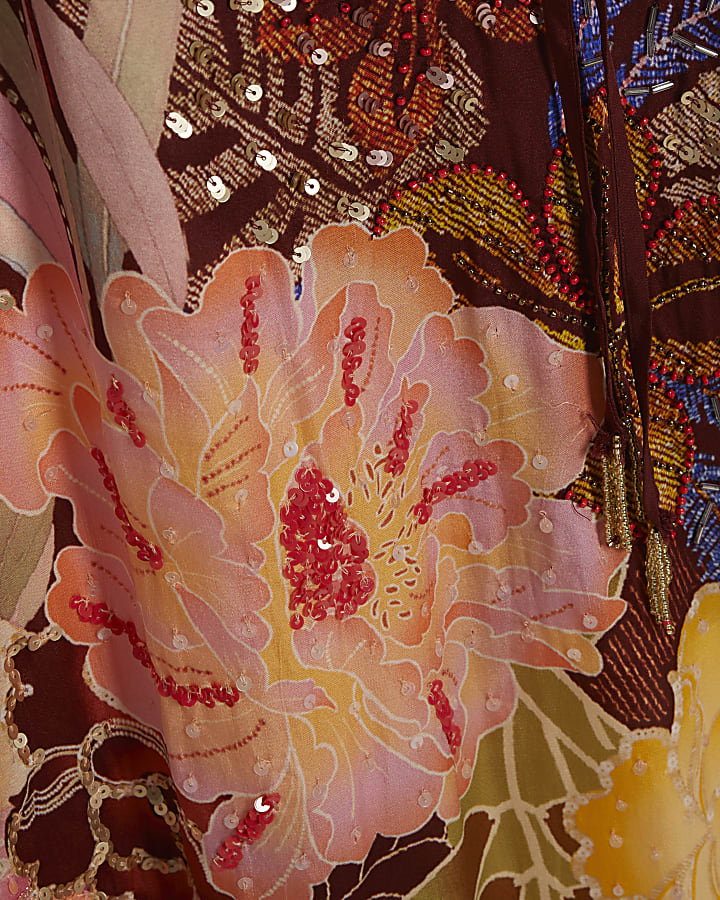 Petite Brown Oriental Maxi Dress