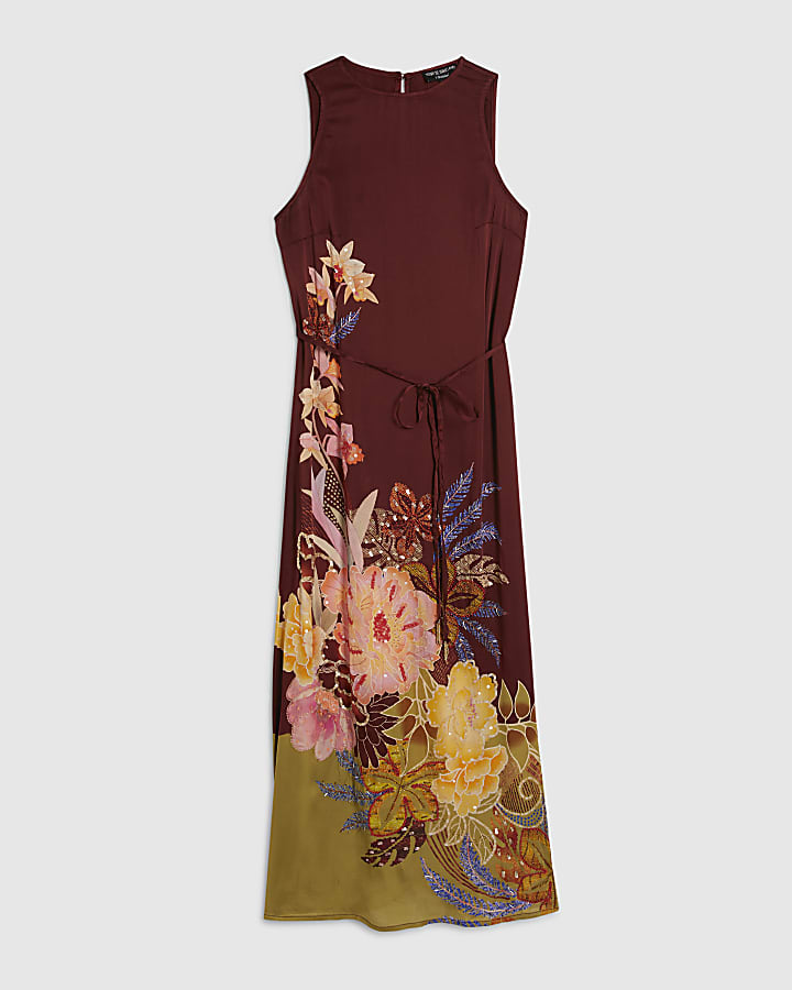 Petite Brown Oriental Maxi Dress