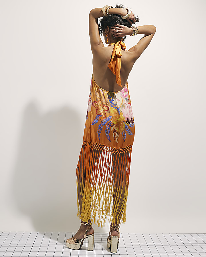 Orange Oriental Fringed Maxi Dress