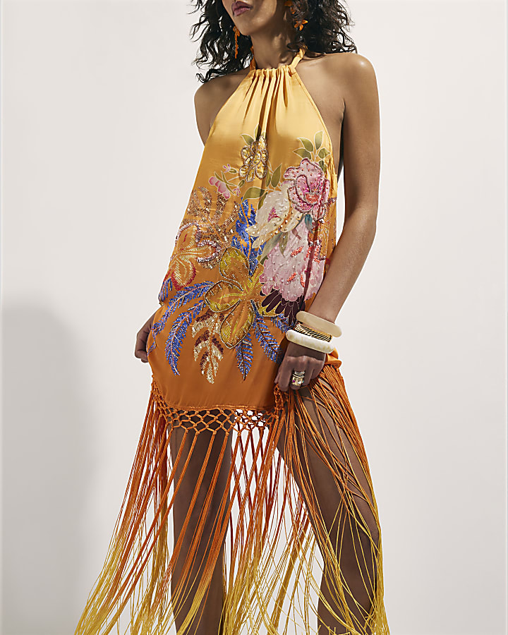 Orange Oriental Fringed Maxi Dress