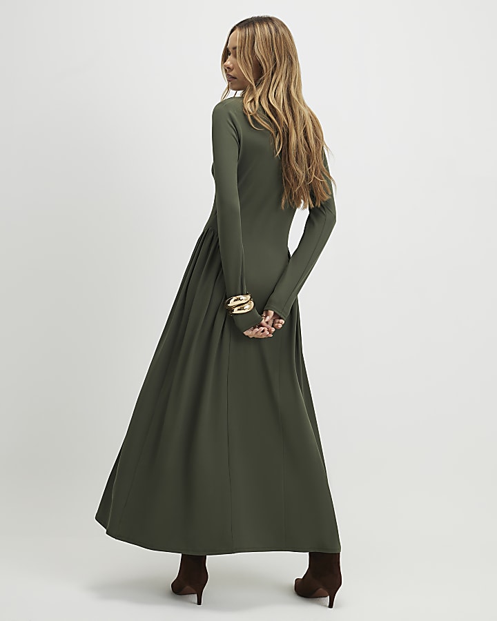 Khaki Long Sleeve Gathered Waist Maxi Dress