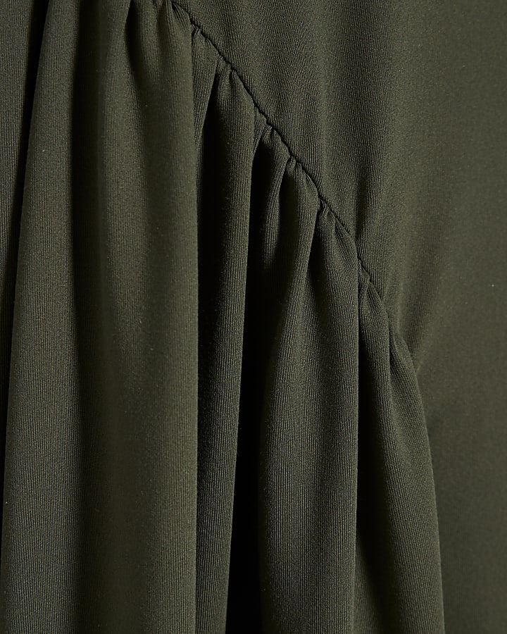Khaki Long Sleeve Gathered Waist Maxi Dress