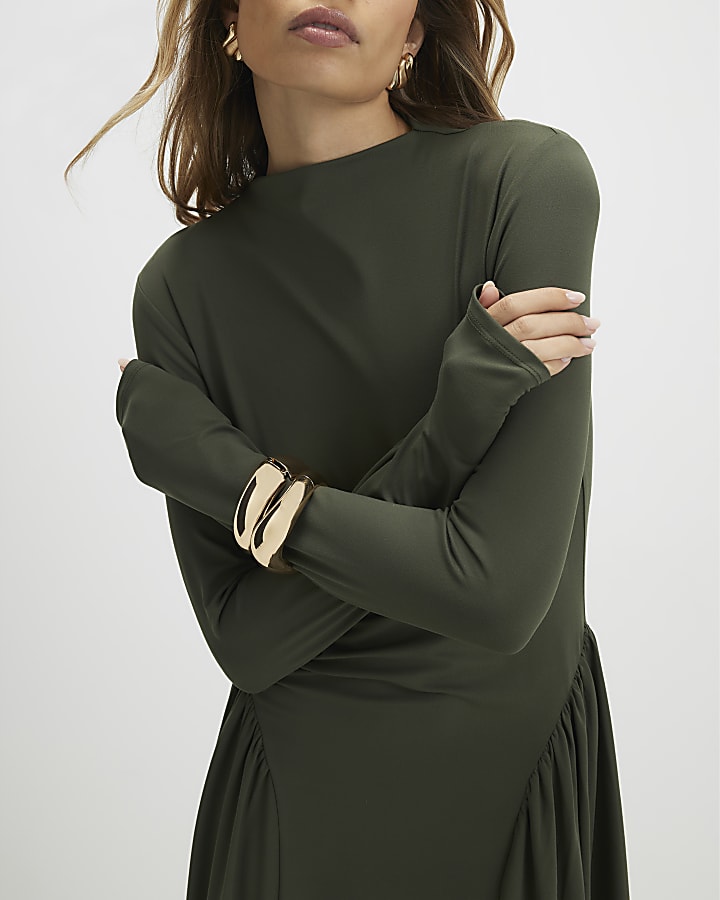 Khaki Long Sleeve Gathered Waist Maxi Dress