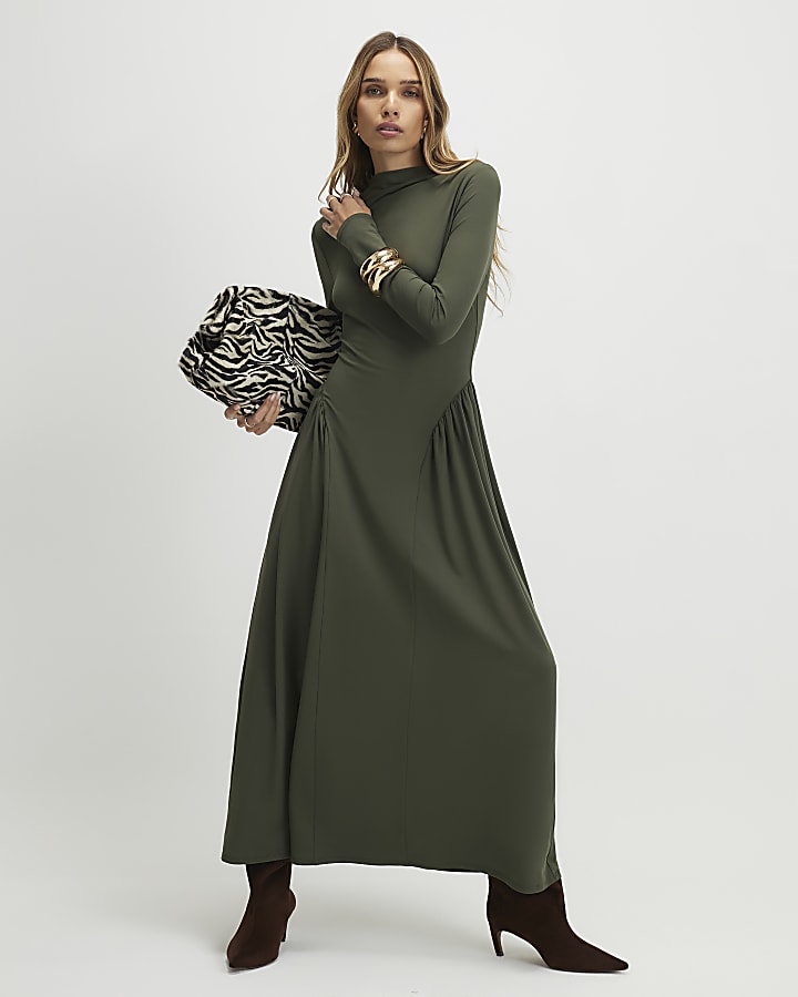 Khaki Long Sleeve Gathered Waist Maxi Dress