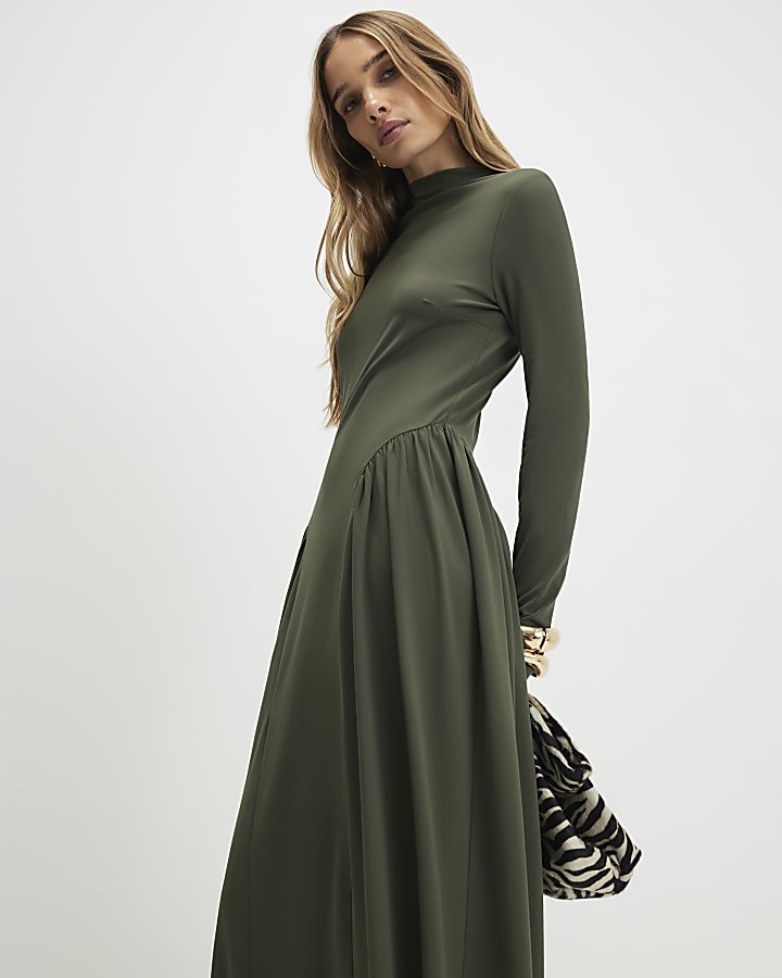 Khaki Long Sleeve Gathered Waist Maxi Dress