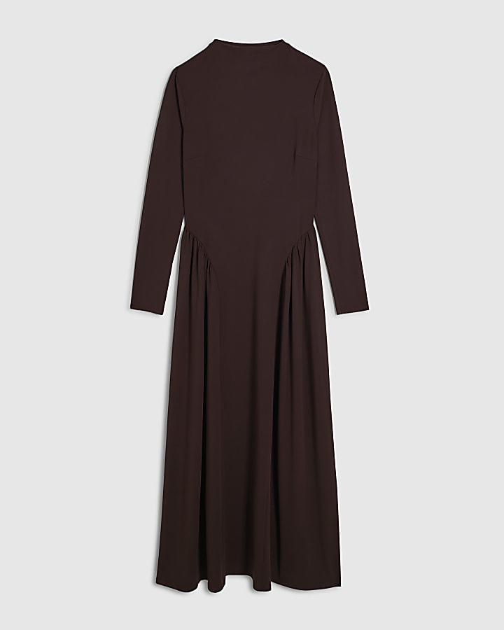 Brown Long Sleeve Gathered Waist Maxi Dress