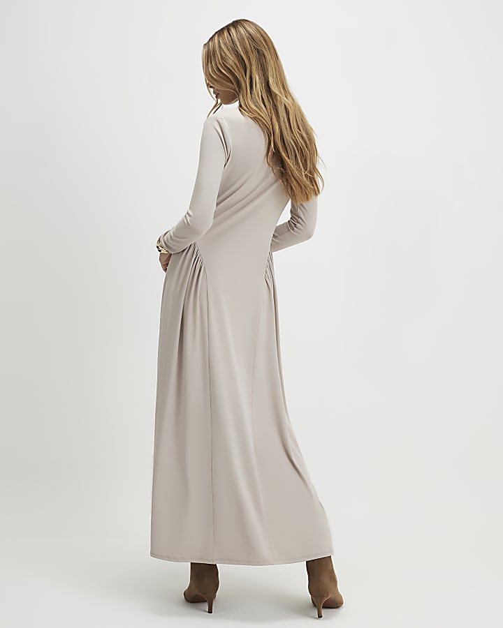 Beige Long Sleeve Gathered Waist Maxi Dress