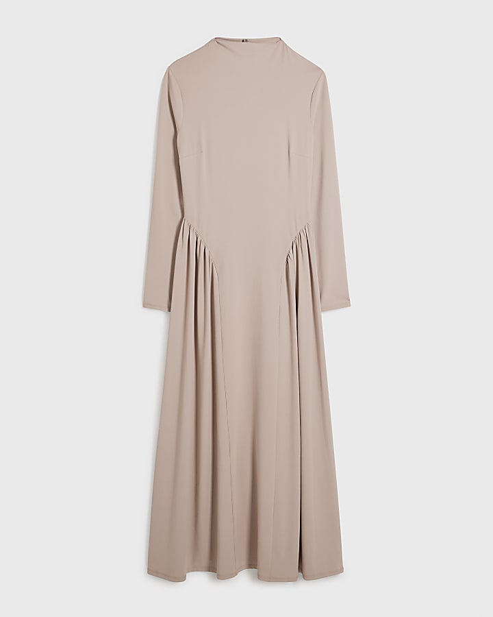 Stone Long Sleeve Gathered Waist Maxi Dress