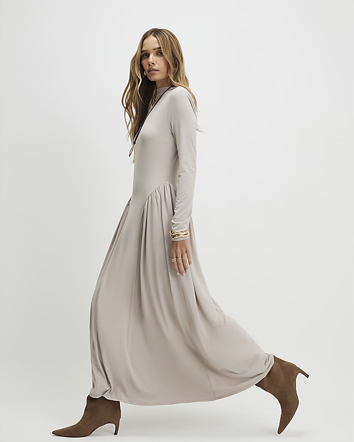 Beige Long Sleeve Gathered Waist Maxi Dress