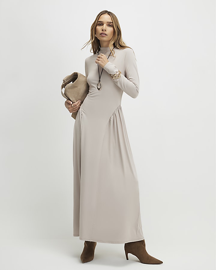 Beige Long Sleeve Gathered Waist Maxi Dress