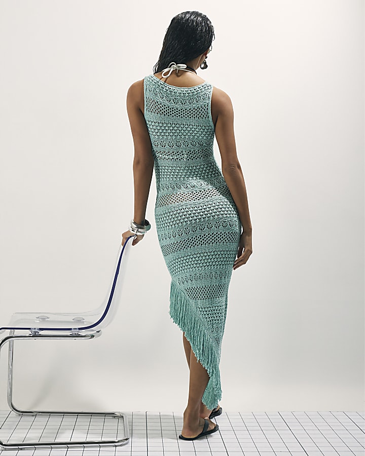 Green Metallic Knit Asymmetric Midi Dress