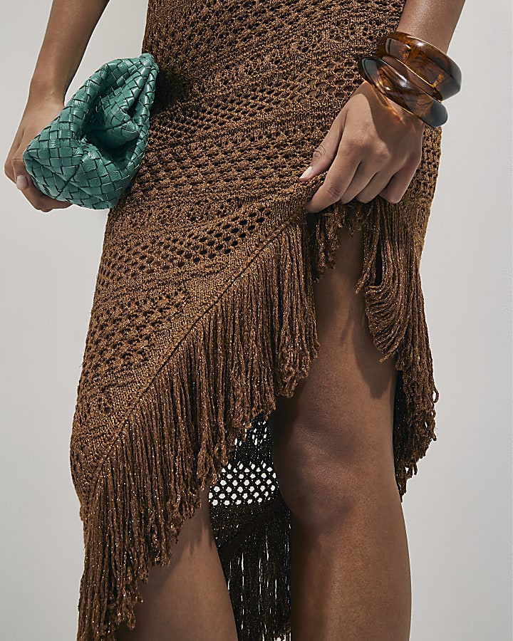 Brown Metallic Knit Asymmetric Midi Dress