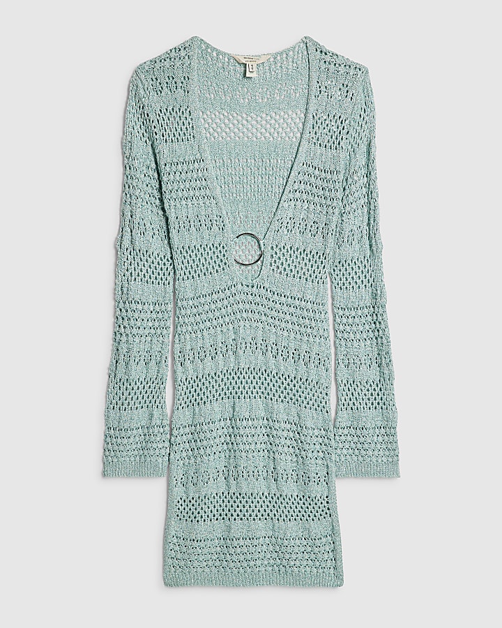 Green Metallic Knit Mini Beach Dress