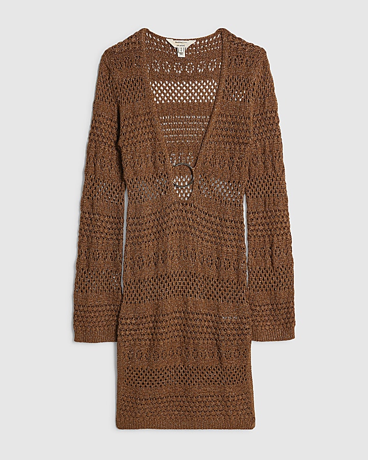 Brown Metallic Knit Mini Beach Dress