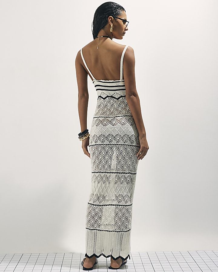 White Striped Knit Midi Dress