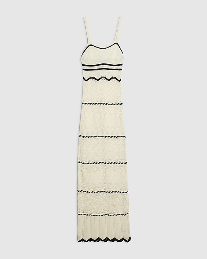 White Striped Knit Midi Dress