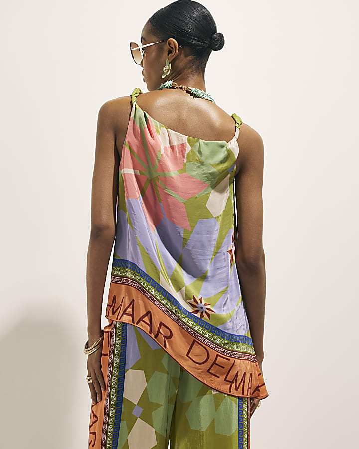 Green Asymmetric Placed Print Top