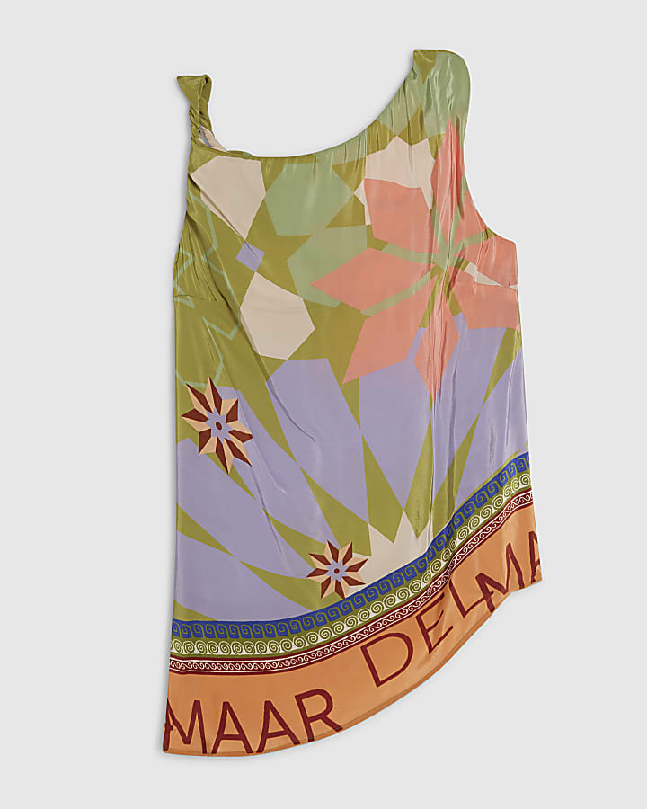 Green Asymmetric Placed Print Top