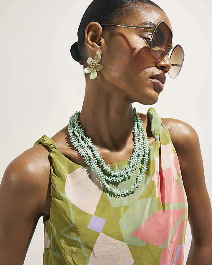 Green Asymmetric Placed Print Top