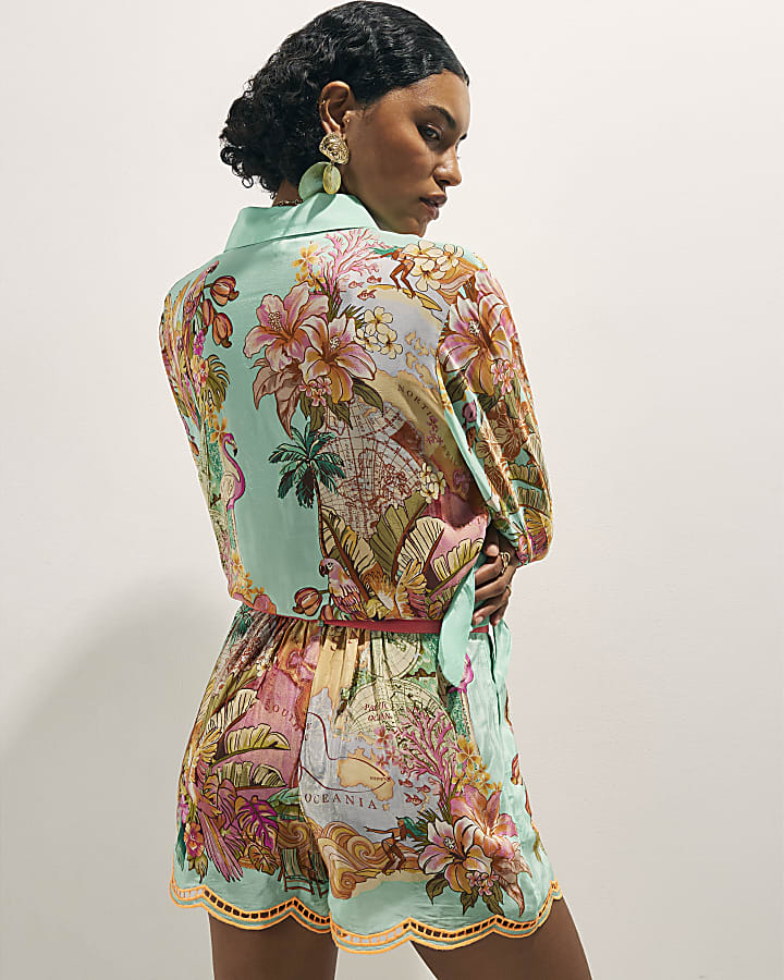 Green Belted Embroidered Cutwork Shorts