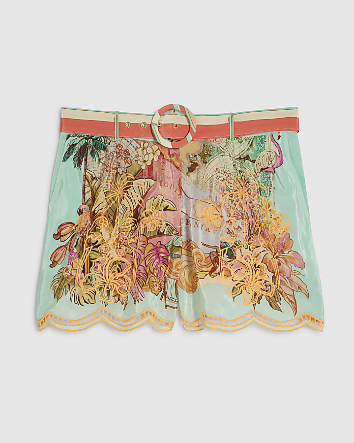 Green Belted Embroidered Cutwork Shorts