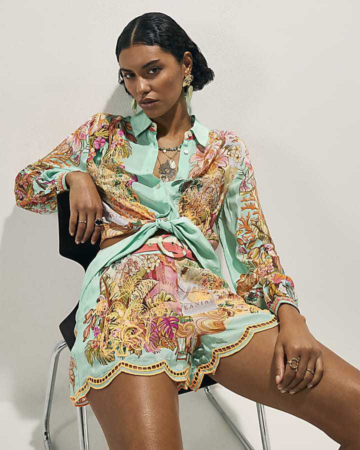 Green Belted Embroidered Cutwork Shorts