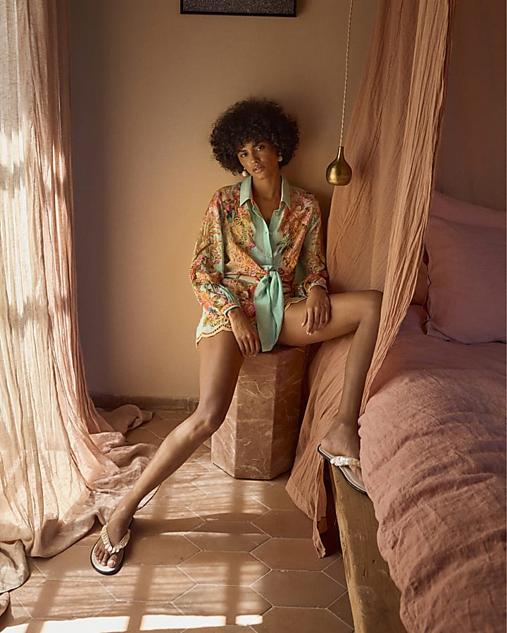 Green Belted Embroidered Cutwork Shorts