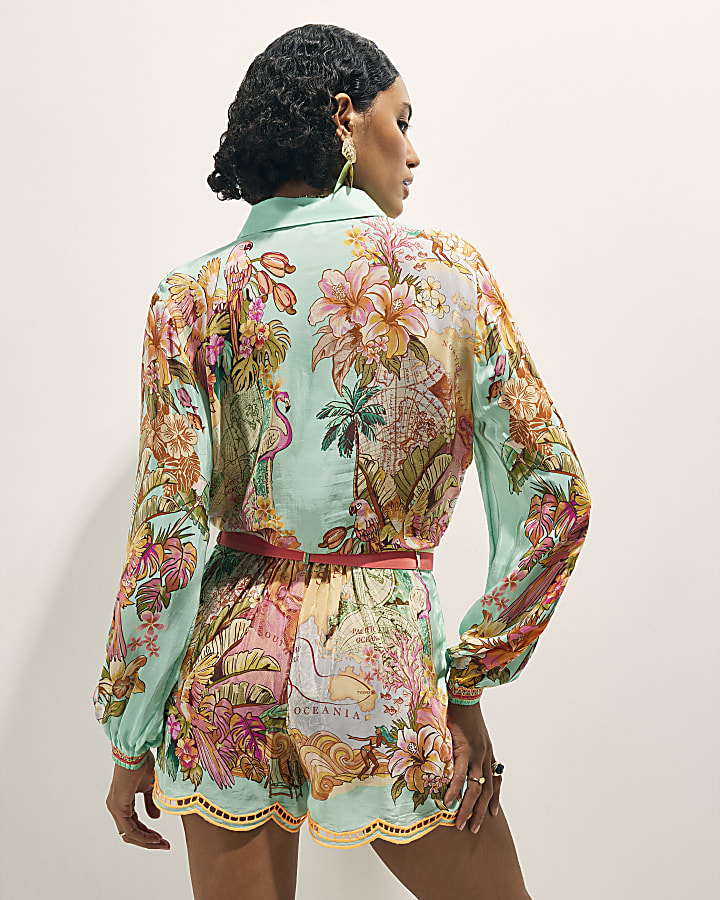 Green Tie Front Embroidered Cutwork Shirt