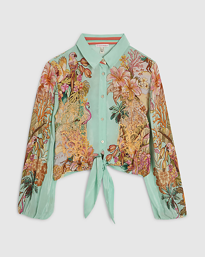 Green Tie Front Embroidered Cutwork Shirt