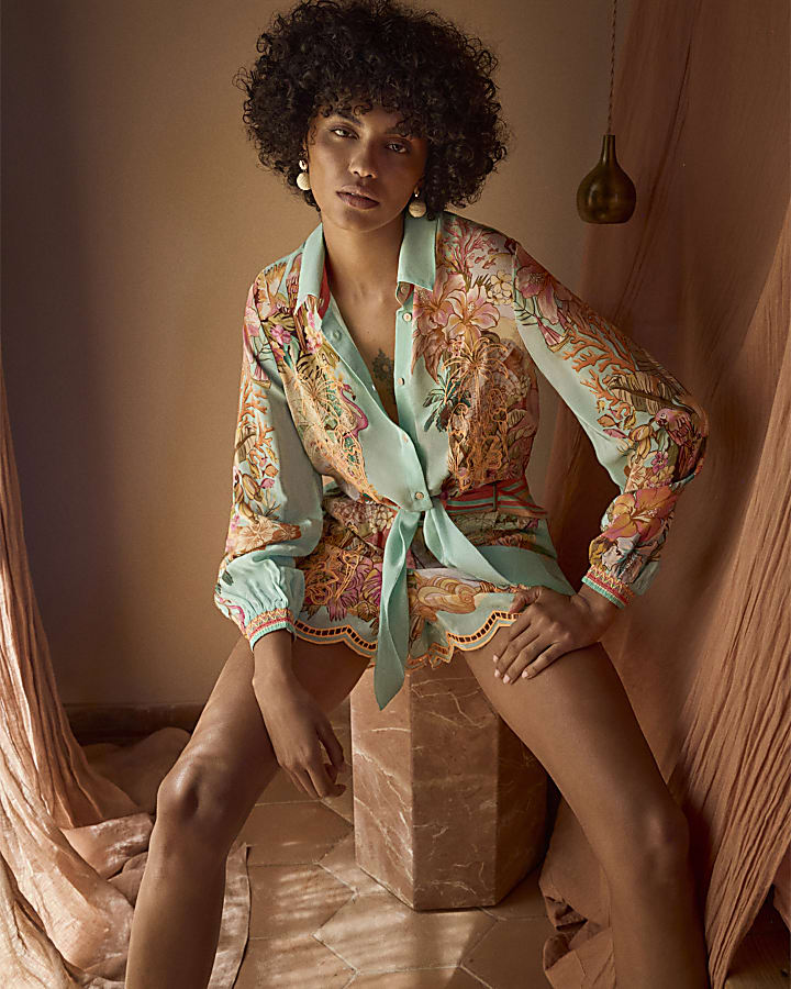 Green Tie Front Embroidered Cutwork Shirt