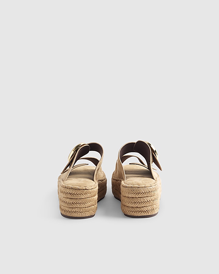 Beige Wide Fit Buckle Strap Wedge Sandals