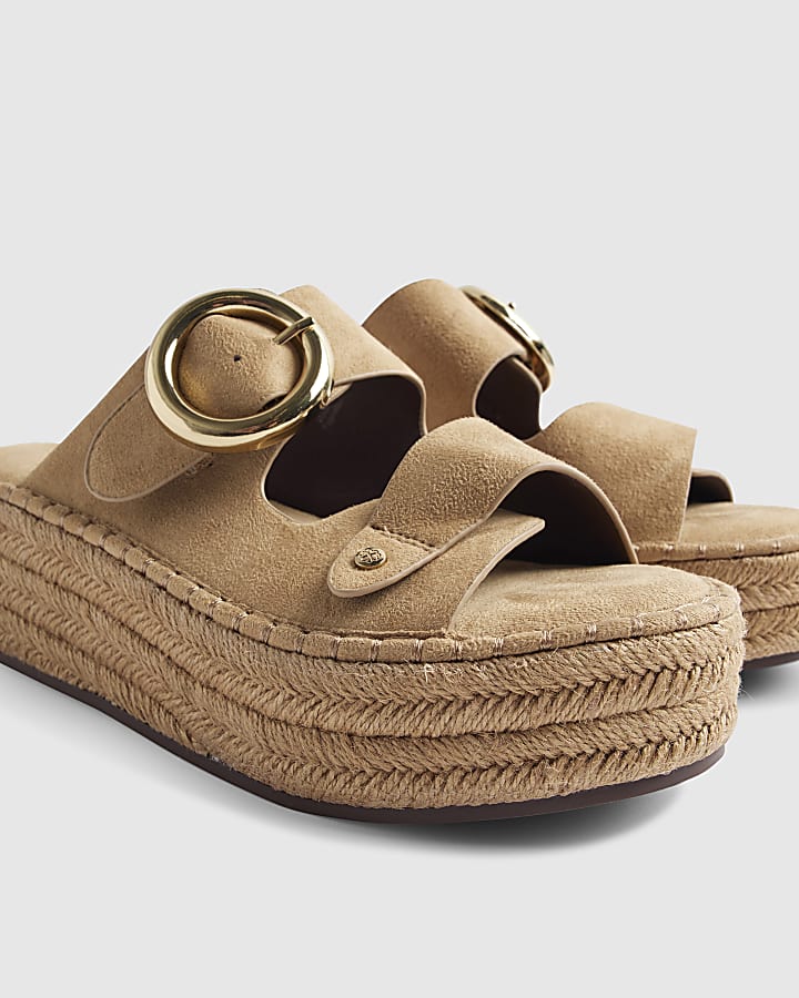 Beige Wide Fit Buckle Strap Wedge Sandals