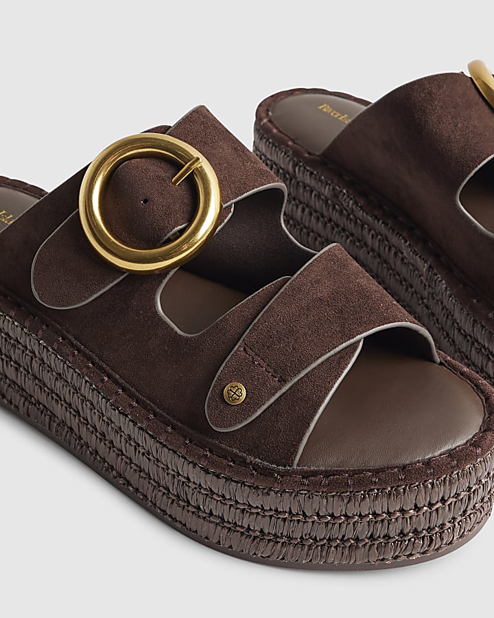 Brown Wide Fit Buckle Strap Wedge Sandals