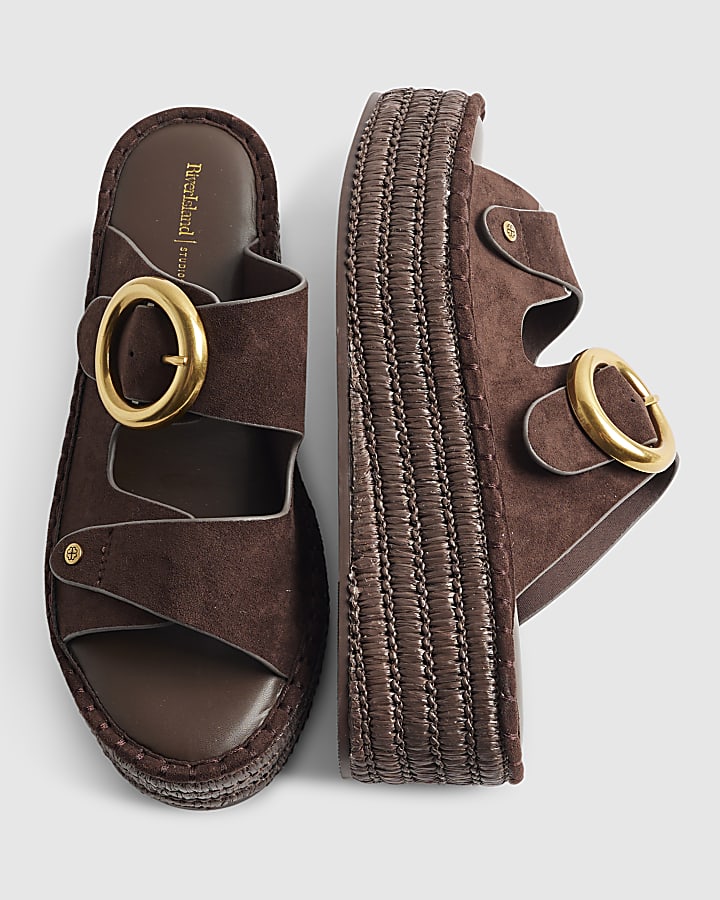 Brown Wide Fit Buckle Strap Wedge Sandals