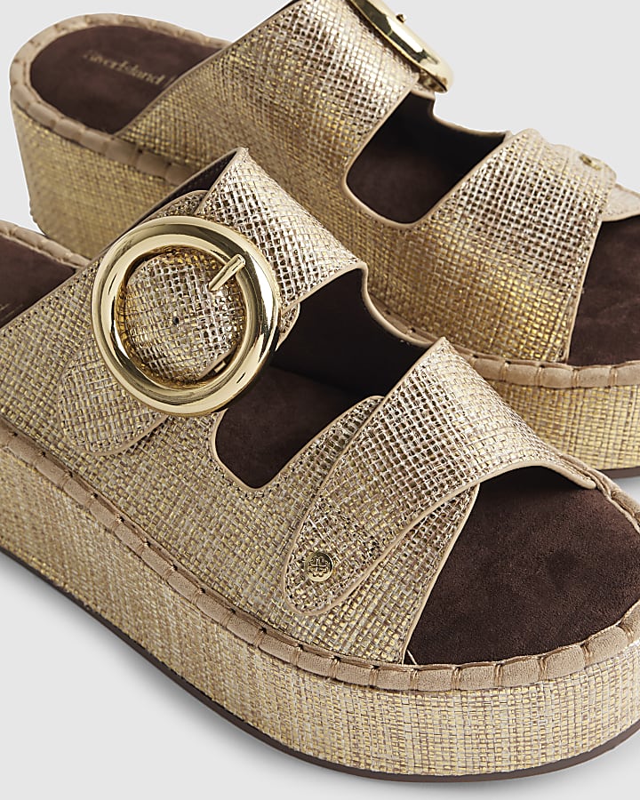 Gold Wide Fit Ring Buckle Wedge Sandals