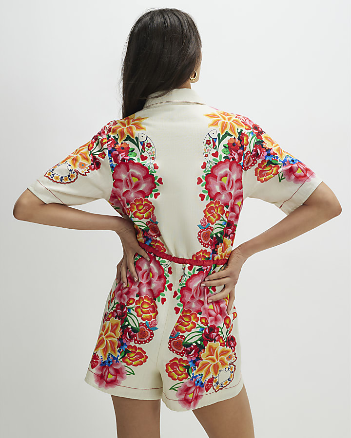 Cream Floral Collared Playsuit