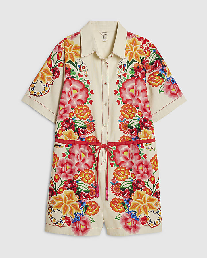 Cream Floral Collared Playsuit