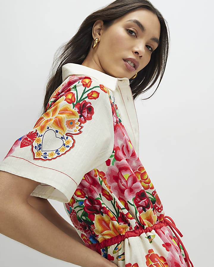 Cream Floral Collared Playsuit