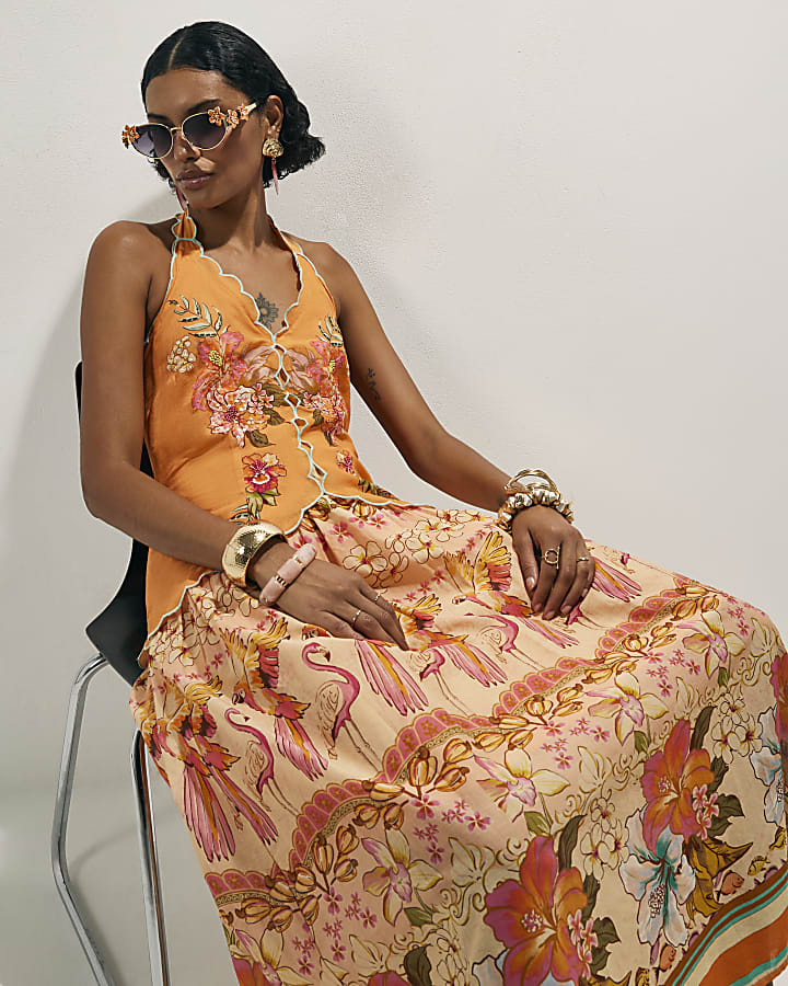 Orange Peplum Print Maxi Dress