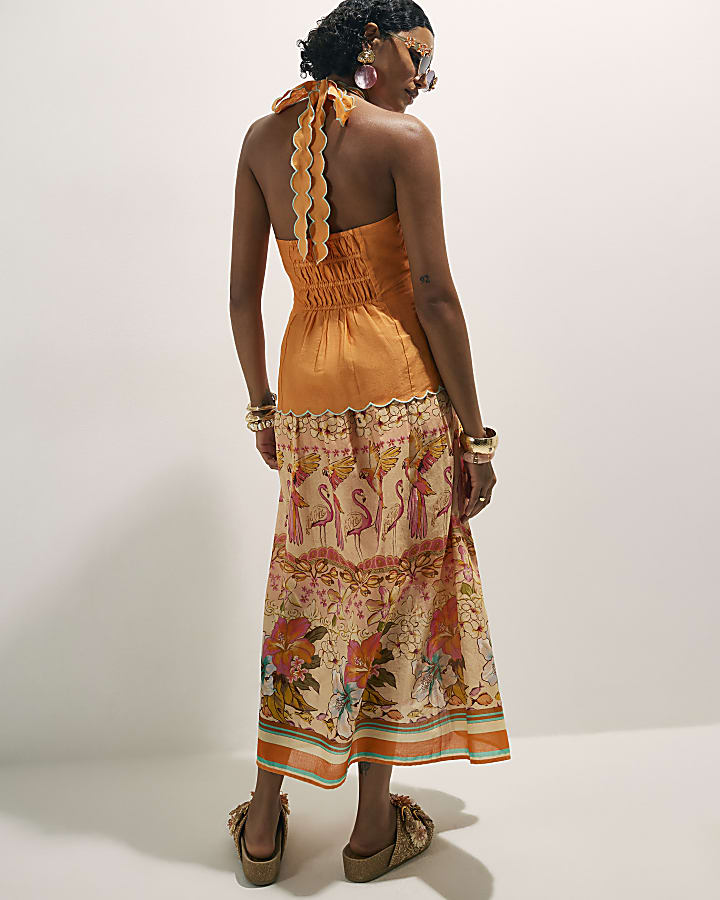 Orange Peplum Print Maxi Dress