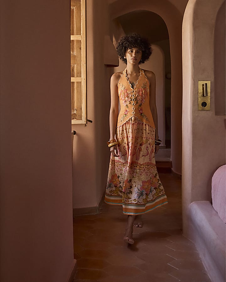 Orange Peplum Print Maxi Dress