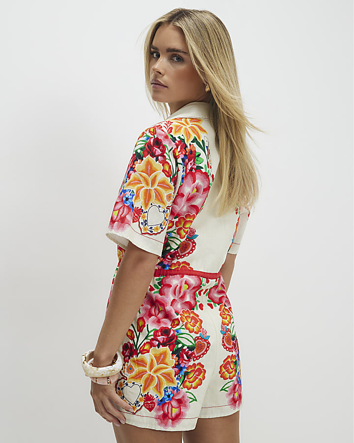 Petite Cream Floral Collared Playsuit