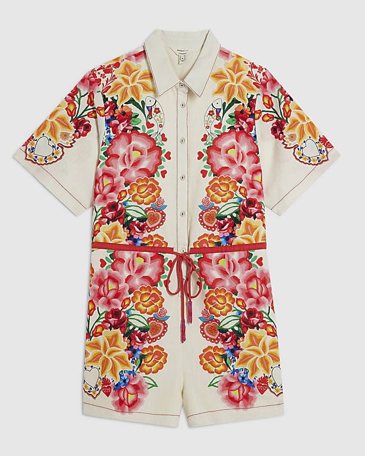 Petite Cream Floral Collared Playsuit