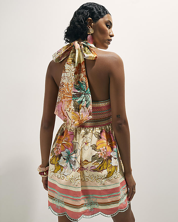 Pink Floral Halter Neck Crochet Mini Dress