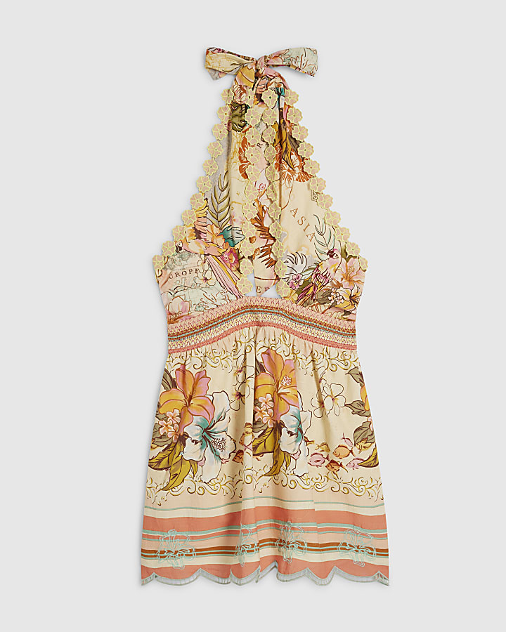 Pink Floral Halter Neck Crochet Mini Dress