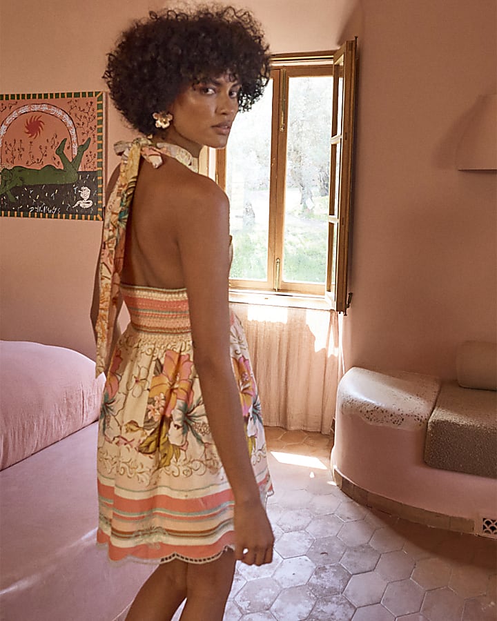 Pink Floral Halter Neck Crochet Mini Dress