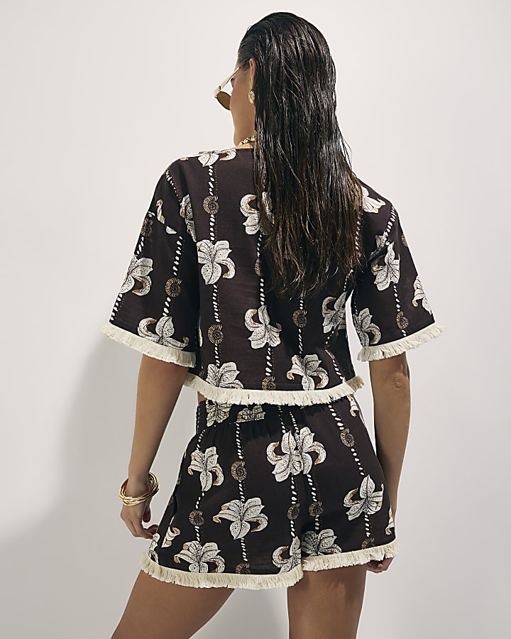 Brown Palm Print Top And Shorts Set