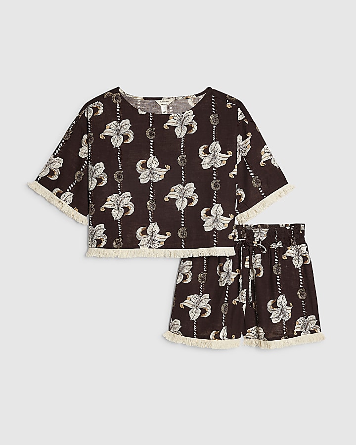 Brown Floral Shell Print Top And Shorts Set